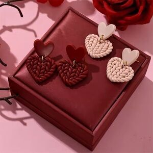2-Pair Knit Heart Two-Tier Dangle Stud - Handmade Earrings